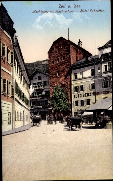 Ak Zell am See in Salzburg, Marktplatz, Kastnerturm, Hotel Lebzelter, Auto Benzin, Friedrich