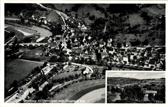 Postcard Oehringen Öhringen in the Hohenlohekreis Württemberg, aerial view of Ohrnberg, river, bridge, Hä