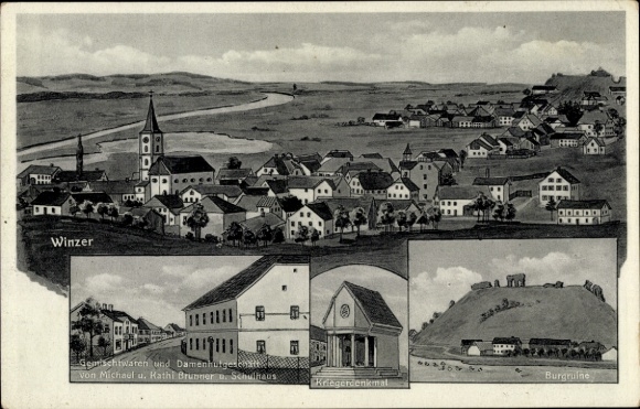 Ak Winzer an der Donau Neder-Beieren, kasteelruïne, oorlogsmonument, Brunner-bedrijfsgebouw, schoolgebouw