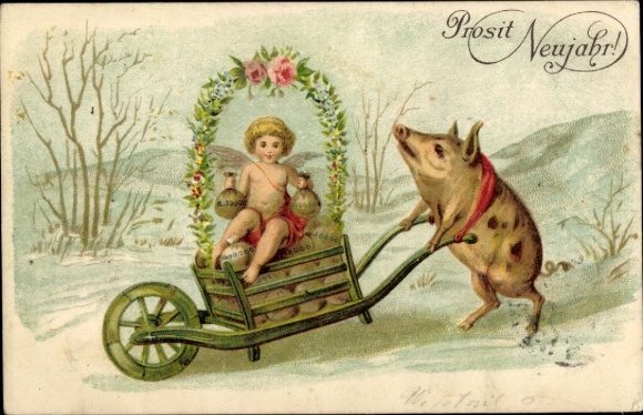 Chromo-Litho Happy New Year, pig, wheelbarrow, angel, money bag