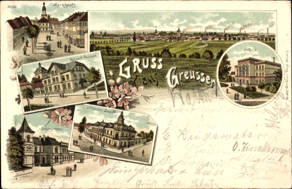 Litho Greußen Thüringen, Gasthof, Schule, Schützenhaus, Gasthaus z. Prinzen Leopold