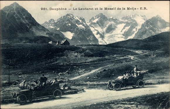 CPA Col du Lautaret Hautes Alpes, Massif de la Meije, cars