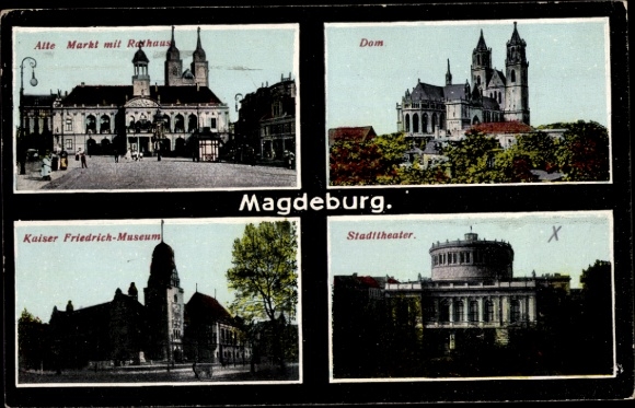 Postcard Magdeburg, Cathedral, City Theater, Market, Town Hall