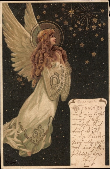 litho Gefeliciteerd Kerstmis, Biddende Engel