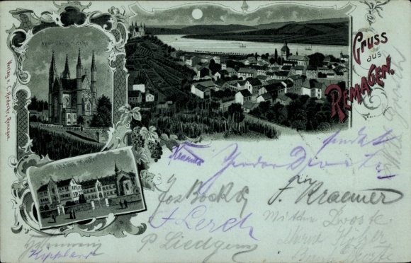 Mondschein Litho Remagen am Rhein, Apollinariskirche, St. Anna Kloster, Panorama