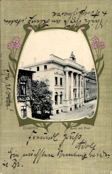 Ak Osnabrück in Niedersachsen, Bankgebäude, Blumenmuster,  aus  Grußtext