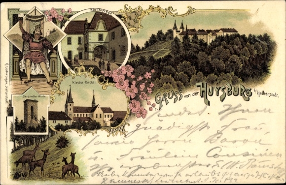 Chromo-Litho Huy am Harz, Huysburg, monastery courtyard, monastery church, deer, Sargstedter waiting room