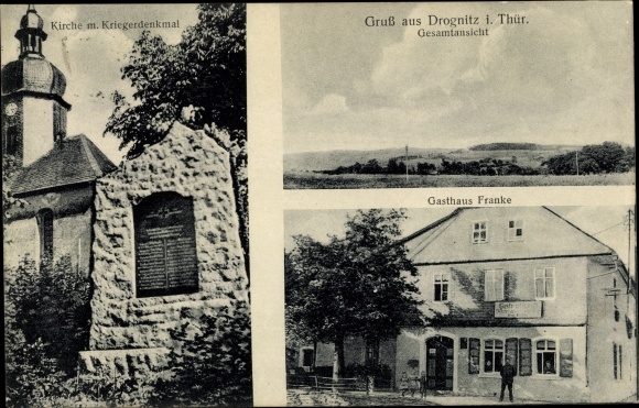 Postcard Drognitz in Thuringia, Gasthaus Franke, church, war memorial, general view