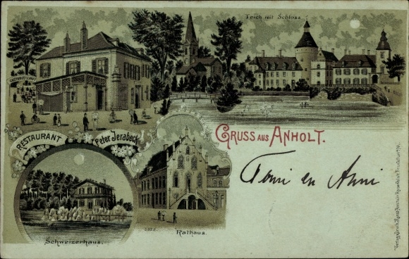 Mondschein Litho Anholt Isselburg in Westfalen, Restaurant, Schweizerhaus, Schloss, Rathaus