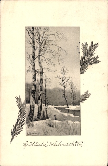 Artist Postcard Merry Christmas, landscape motif, birch trees, snow