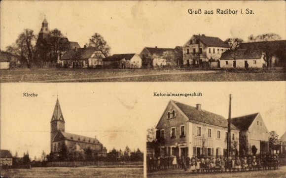 Ak Radibor in Sachsen, Gesamtansicht, Kirche, Kolonialwarengeschäft