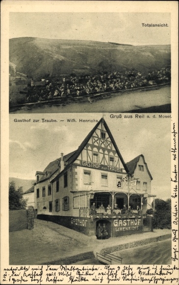 Postcard Reil an der Mosel, Gasthof zur Traube, view of the town