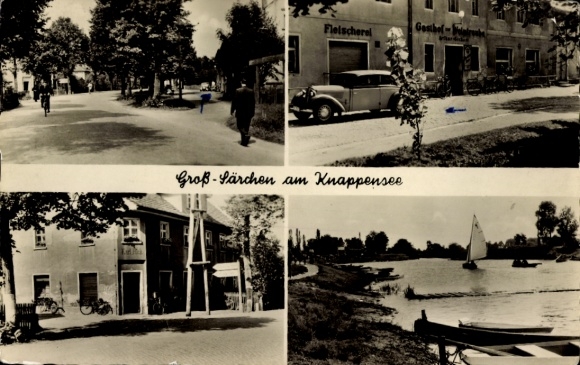 Postcard Quitzdorf am See Oberlausitz, black and white photographs, cyclist, car, house, lake, sailboat