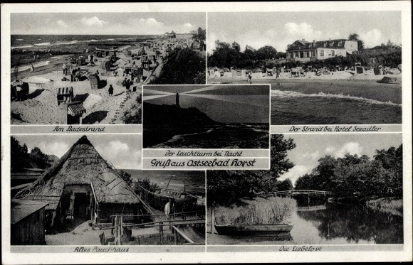 Postcard Niechorze Horst Pomerania, Baltic Sea resort, beach, Hotel Seeadler, Rauchhaus, lighthouse, loveless