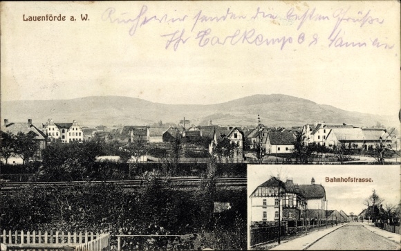 KP Lauenförde w Weserbergland w Dolnej Saksonii, panorama, tory, Bahnhofstrasse