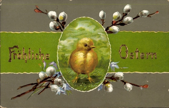 Präge Ak Frohe Ostern, Küken mit Weidenkätzchen