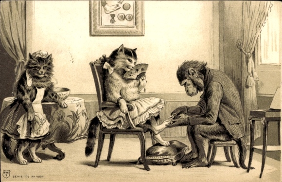 Chromo-Litho Humanized Animals, Chimpanzee cuts cat's claws, Maid
