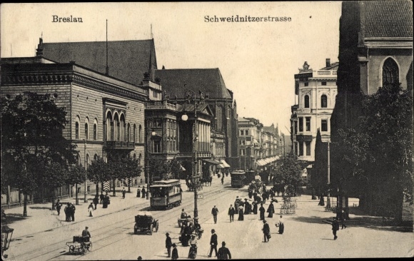 Postcard Breslau (Wrocław) in Schlesien, Schweidnitzer Straße, tram