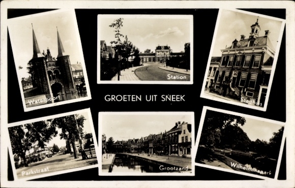 Postcard Sneek Friesland Netherlands, Waterpoort, Station, Stadthuis, Parkstraat, Grootzand