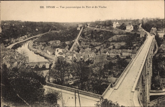 KP Dinan Côtes-d'Armor, panoramiczny widok na port i wiadukt, Dinan