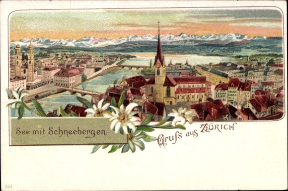 lito Zurich miasto Szwajcaria, panorama, jezioro ze śnieżnymi górami
