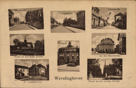 Postcard Wevelinghoven Grevenbroich in Westphalia, Oberstraße, town hall, Catholic church, Protestant church, St.