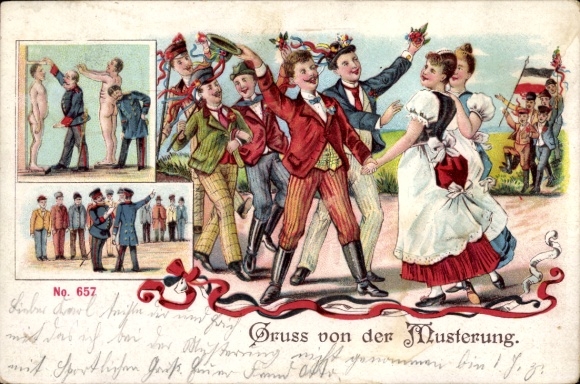 Chromo-Litho greeting from the conscription, inspection, recruits, women