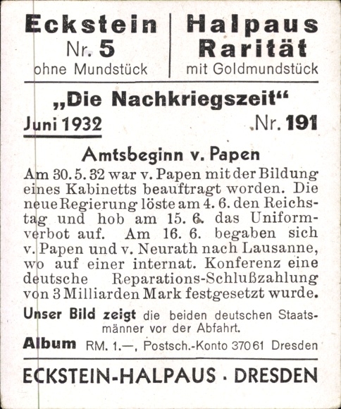 Collector's picture The post-war period No. 191 June 1932 Start of office v. Papen, v. Neurath, departure to Lausanne