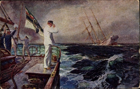 Artist Postcard Bohrdt, Hans, The last greeting, Lieutenant Commander Hellmuth von Mücke, SMS Emden, SMS Ayesha