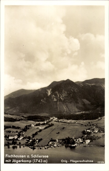 Postcard Fischhausen Schliersee in Upper Bavaria, landscape with Jägerkamp, aerial photograph, mountains, clouds