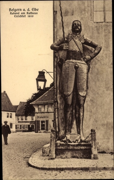 Postcard Belgern on the Elbe, Roland at the town hall