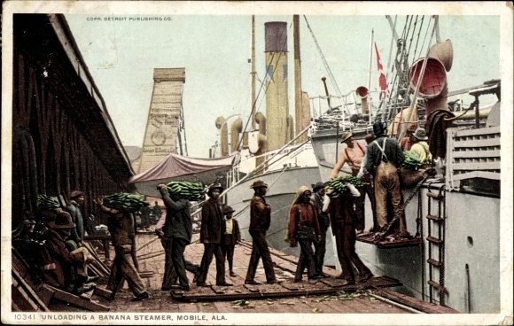 Ak Mobile Alabama USA, een bananenstoomboot lossen