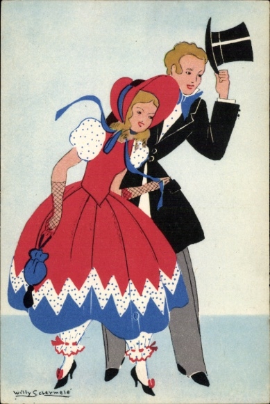 Artist Postcard Schermele, W., Couple, Noble Man, Children, Cylinder