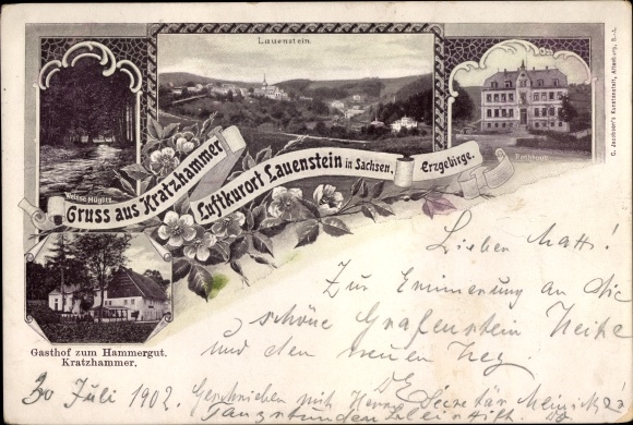 Postcard Lauenstein Altenberg in the Ore Mountains, town hall, Gasthof zum Hammergut, scratching hammer