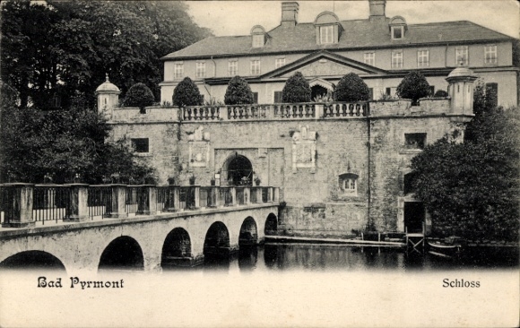 Postcard Bad Pyrmont in Lower Saxony, castle, water, bridge, trees, architecture