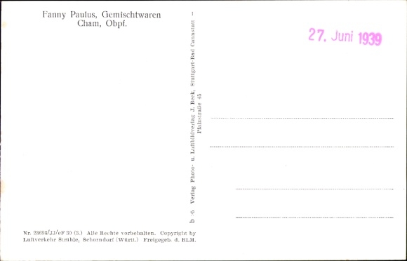 Postcard Cham in the Upper Palatinate, aerial photograph, general goods by Fanny Paulus