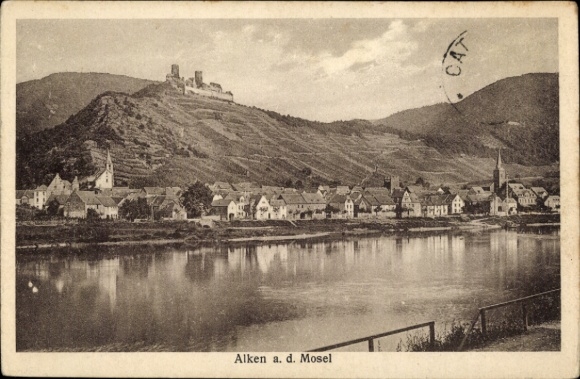 Postcard Alken on the Moselle, view of the town of Alken, Moselle, castle ruins in the background, calm river