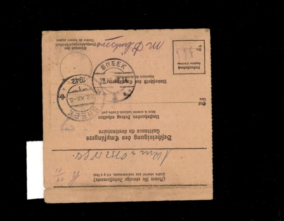 Michel 795 on foreign postal order to the Netherlands, forced labor document