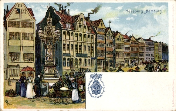Litho Hamburg, Messberg, Brunnen, Marktstände, Wappen Dt. Turnfest 1898