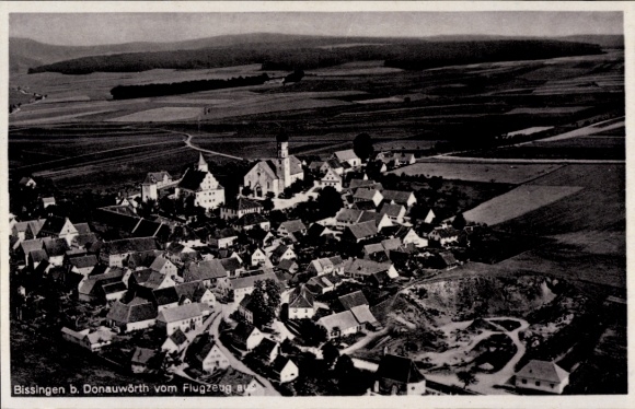Postcard Bissingen in Swabia Bavaria, aerial view of the village of Bissingen, churches, houses, rural surroundings