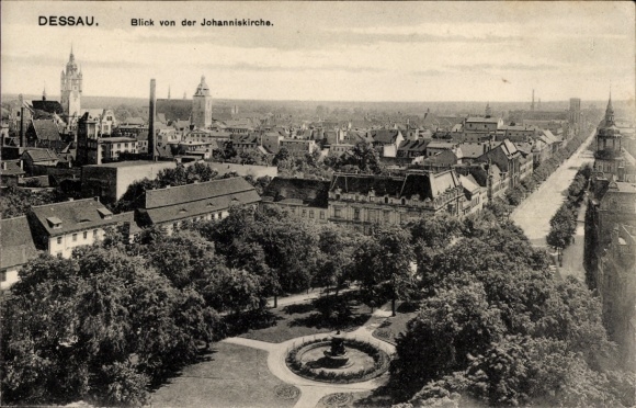 Postcard Dessau in Saxony-Anhalt, view from St. John's Church, cityscape, trees, architecture