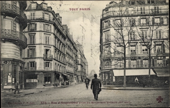 Postcard Paris XI, Rue d&#39;Angouleme, taken from Boulevard Voltaire