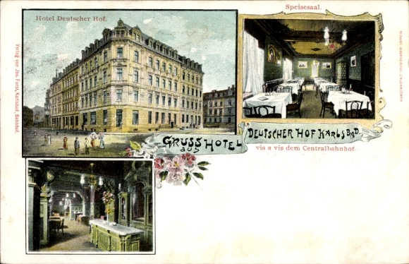 Postcard Karlsbad in Baden, Hotel Deutscher Hof, dining room, architecture, central location, publishing house by Jos