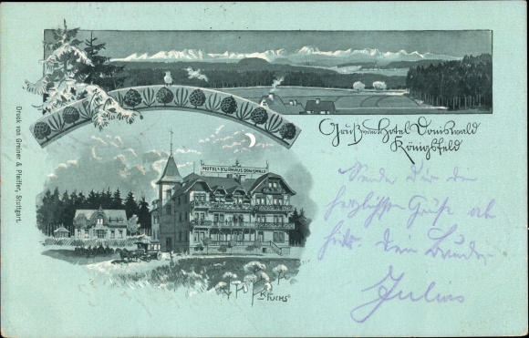 Maanlichtkunstenaar litho Fuchs, Karl, Königsfeld in het Zwarte Woud Baden, Hotel Kurhaus Doniswald