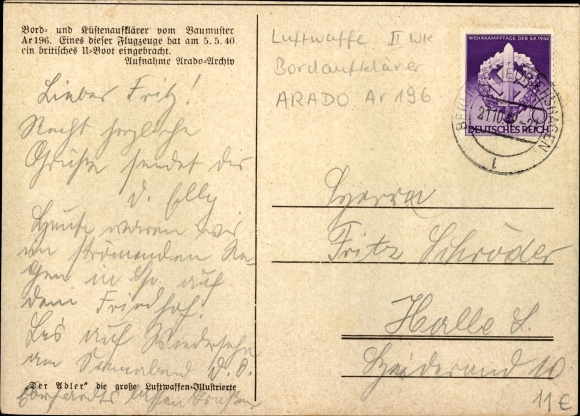 Postcard German Air Force, on-board and coastal reconnaissance Arado Ar 196, seaplane