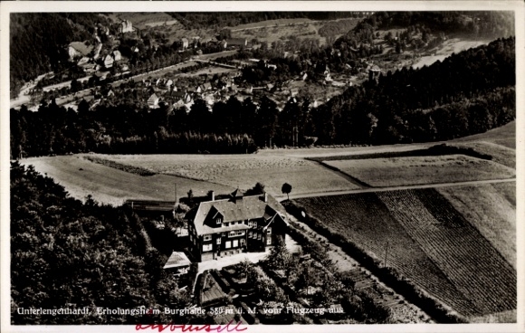 Postcard Unterlengenhardt Bad Liebenzell in the Black Forest, aerial photograph, Burghalde recreation home