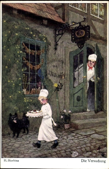 Artist PC Skarbina, Helmut, The temptation, confectioner, apprentice with cake, dog