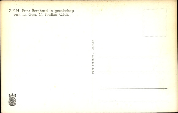 Postcard Prince Bernhard of the Netherlands with Lt. General C Foulkes