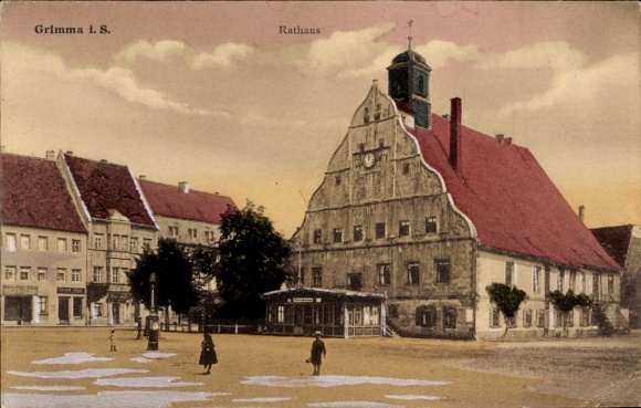 Ak Grimma in Sachsen, Rathaus, alte Gebäude, Straße, Menschen in der Ferne