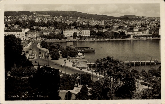 foto ansichtkaart Zürich, gedeeltelijk uitzicht, Alpen en Utoquai